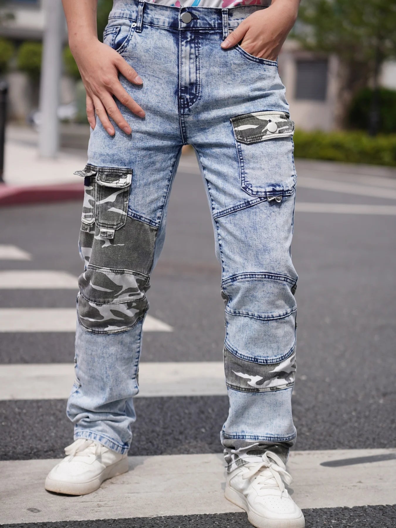 Men's Jeans   Camouflage Patchwork   Trendy Fashion   Industrial Style Pocket Decoration   Promotional Offer   Free Shipping