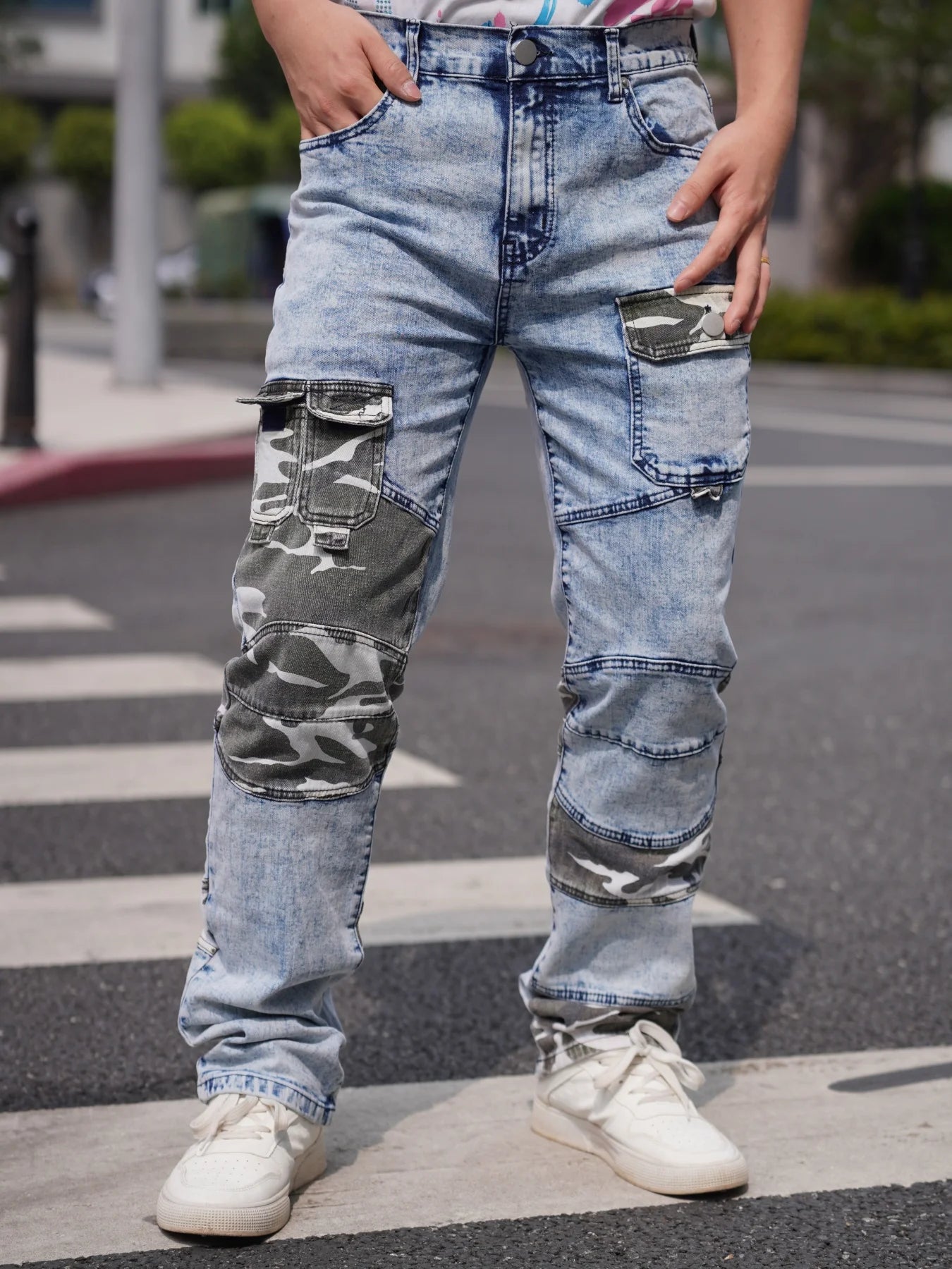 Men's Jeans   Camouflage Patchwork   Trendy Fashion   Industrial Style Pocket Decoration   Promotional Offer   Free Shipping