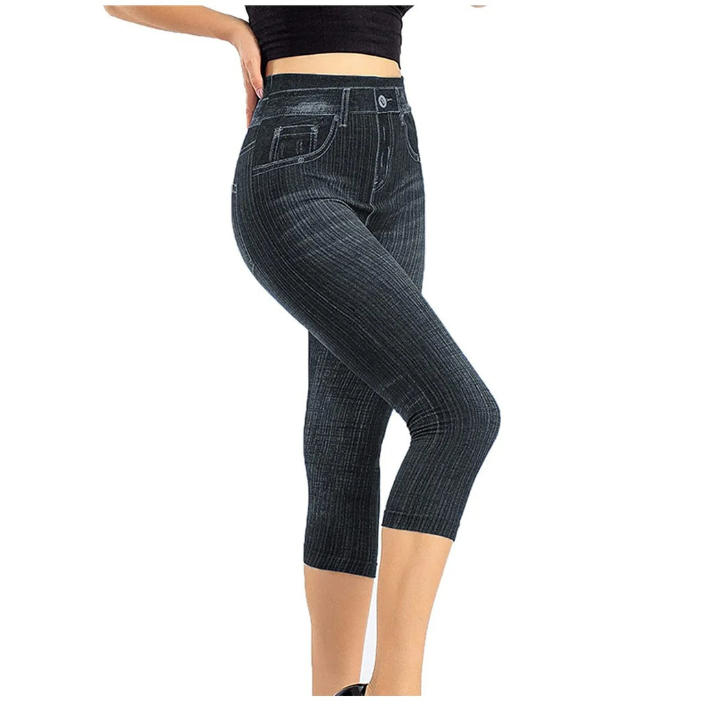 Women Denim Print Leggings Fashion Slim Leggings Faux Jeans Bottoms Stretch Printed Short Leggins Pants Summer Female Trousers