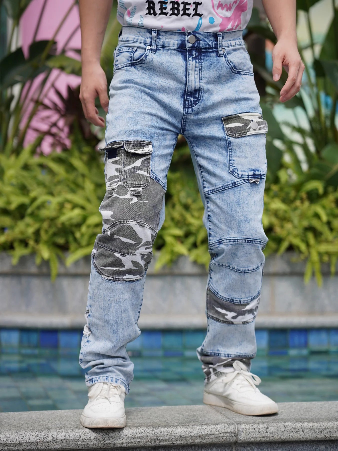 Men's Jeans   Camouflage Patchwork   Trendy Fashion   Industrial Style Pocket Decoration   Promotional Offer   Free Shipping