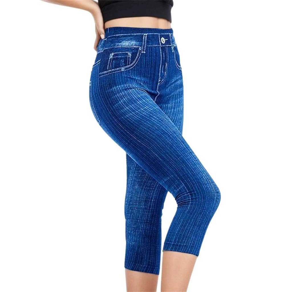 Women Denim Print Leggings Fashion Slim Leggings Faux Jeans Bottoms Stretch Printed Short Leggins Pants Summer Female Trousers