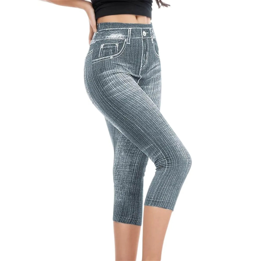 Women Denim Print Leggings Fashion Slim Leggings Faux Jeans Bottoms Stretch Printed Short Leggins Pants Summer Female Trousers