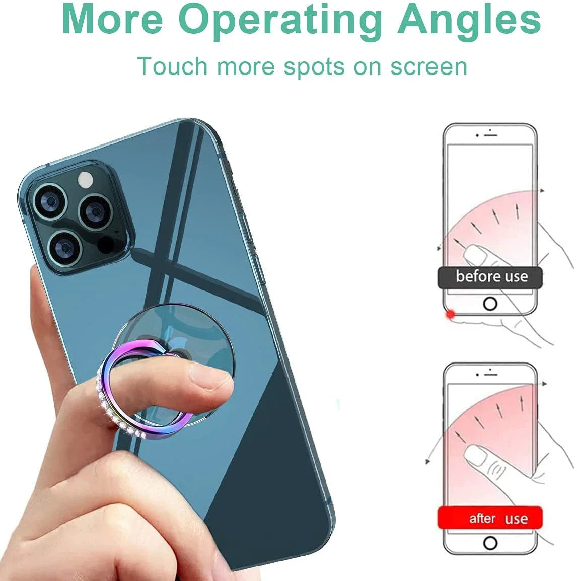 Diamond Cell Phone Ring Holder Stand Transparent Finger Grip Clear 360° Degree Rotation Kickstand Compatible iPhones