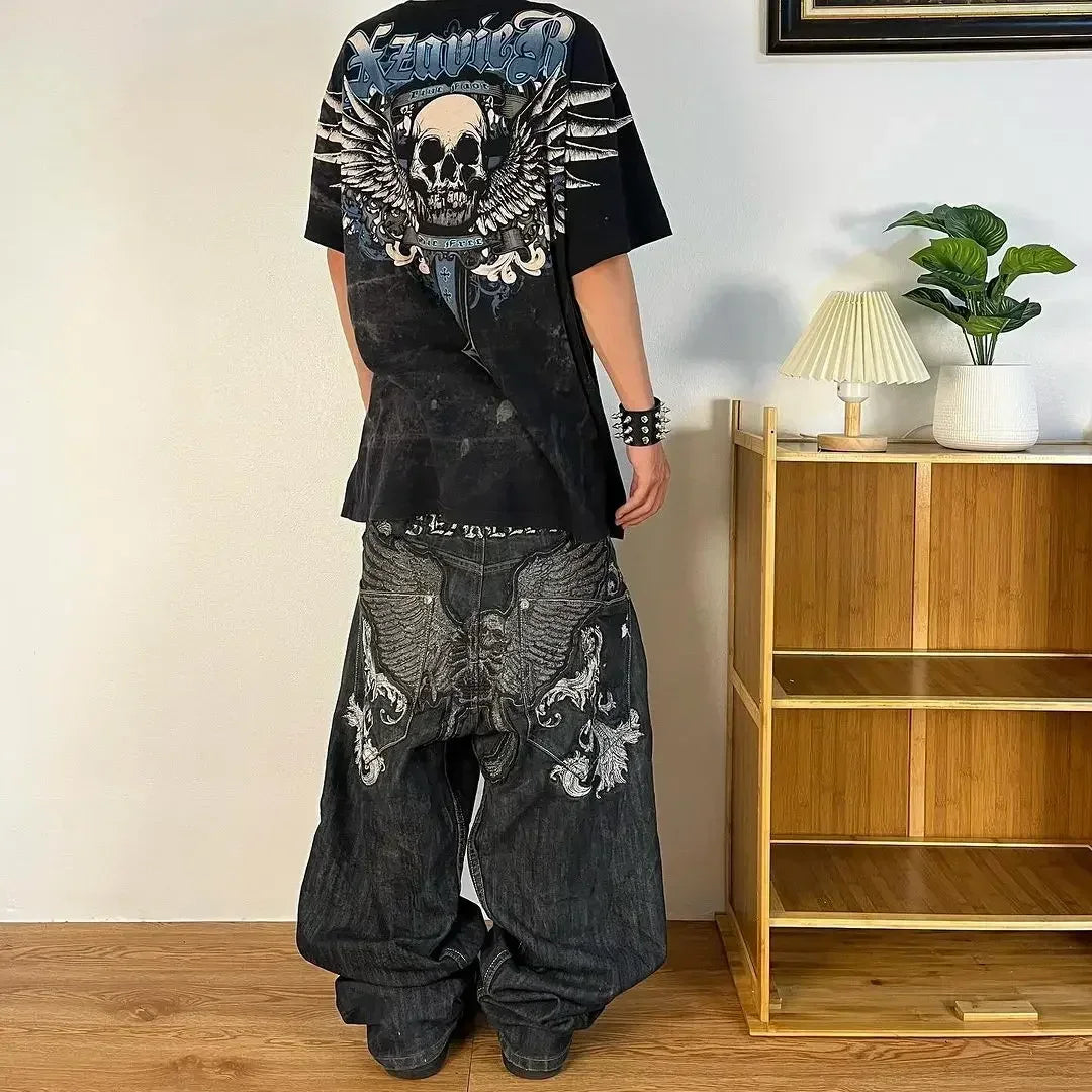 Jeans letter embroidered black loose trousers Couple fashion retro new athlete street clothing Y2K Harajuku street wear trousers