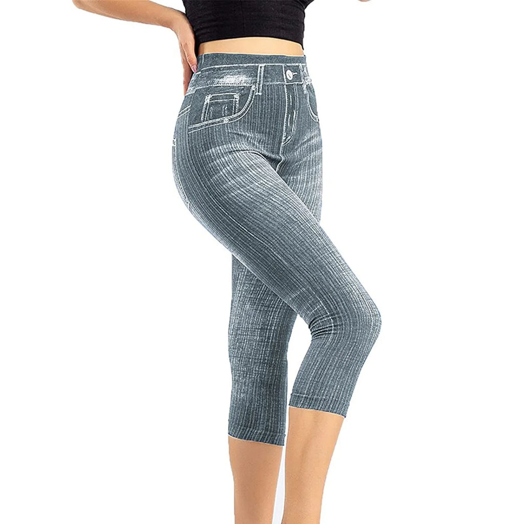 Women Denim Print Leggings Fashion Slim Leggings Faux Jeans Bottoms Stretch Printed Short Leggins Pants Summer Female Trousers