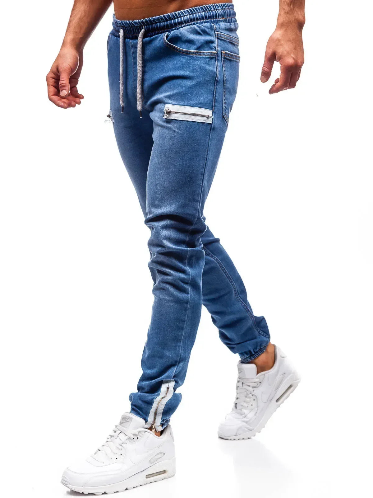 Jeans Men Casual Drawstring Elastic Waist Denim Skinny Trousers Pencil Pants Vintage Streetwear Washed Ankle Length Denims