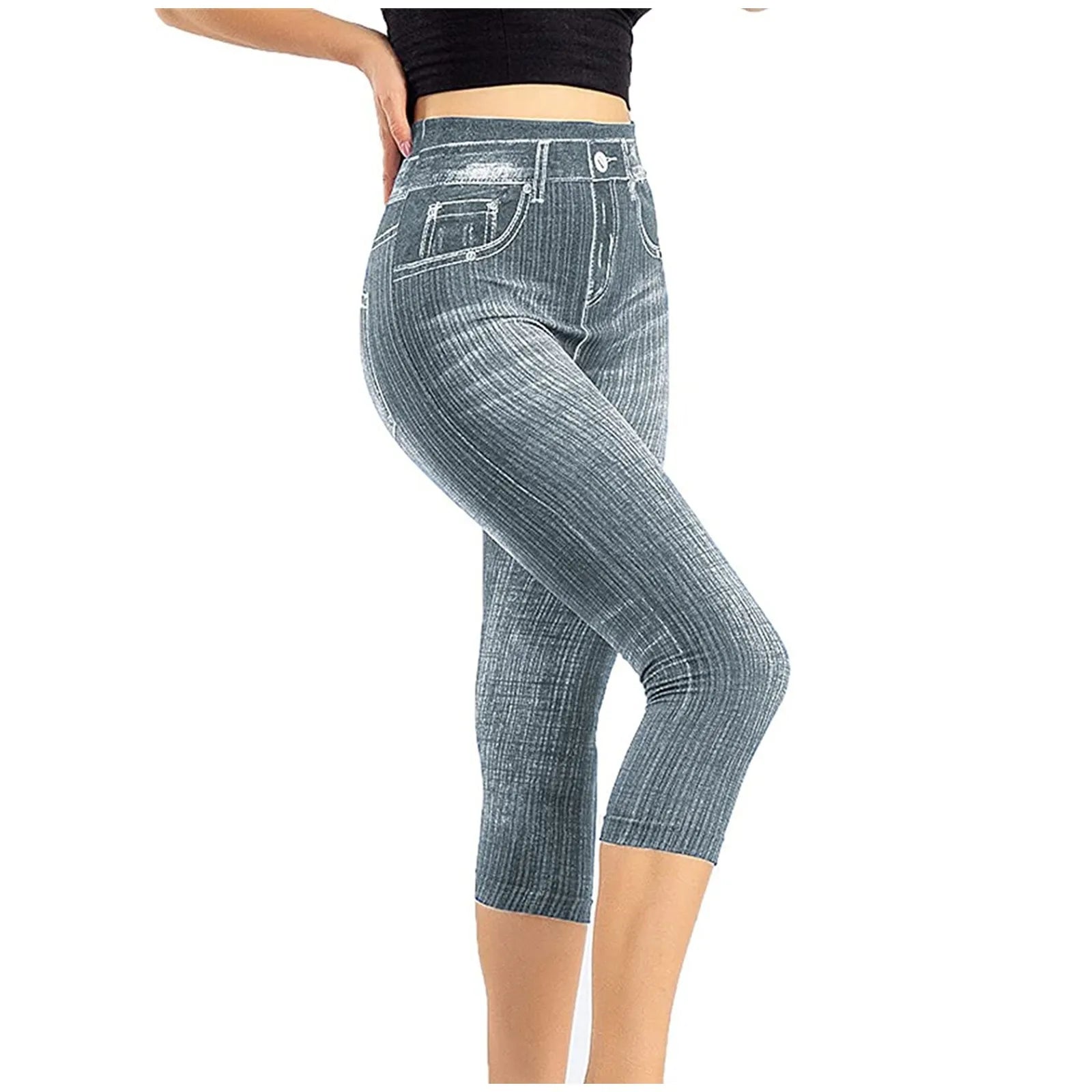 Women Denim Print Leggings Fashion Slim Leggings Faux Jeans Bottoms Stretch Printed Short Leggins Pants Summer Female Trousers