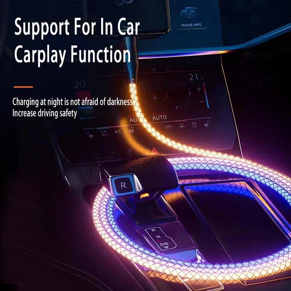 66W Color Light USB C Fast Charging Cable For Xiaomi Huawei Samsung Dual Type-C Phone Charging Data Cord For iPhone 15 Pro Max
