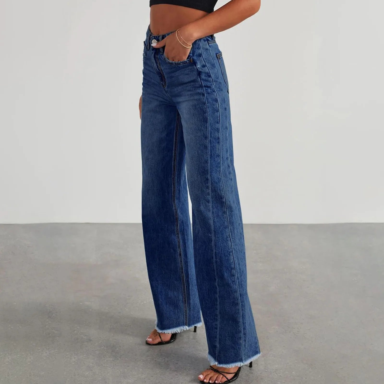 Wide-Leg Jeans Women Light Blue Raw-Edge High-Waist Design Fashionable Trousers Loose-Fitting Slim-Fitting Pants Daily Commuting