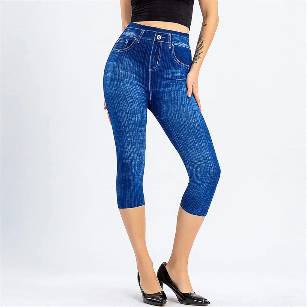 Women Denim Print Leggings Fashion Slim Leggings Faux Jeans Bottoms Stretch Printed Short Leggins Pants Summer Female Trousers