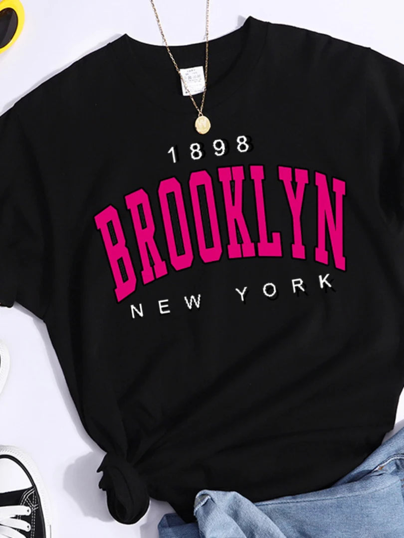 2024 New Summer Women T Shirt 1898 Brooklyn New York Print Short Sleeve T-Shirts Warm Casual Streetwear Hip Hop Y2k Clothes Tops