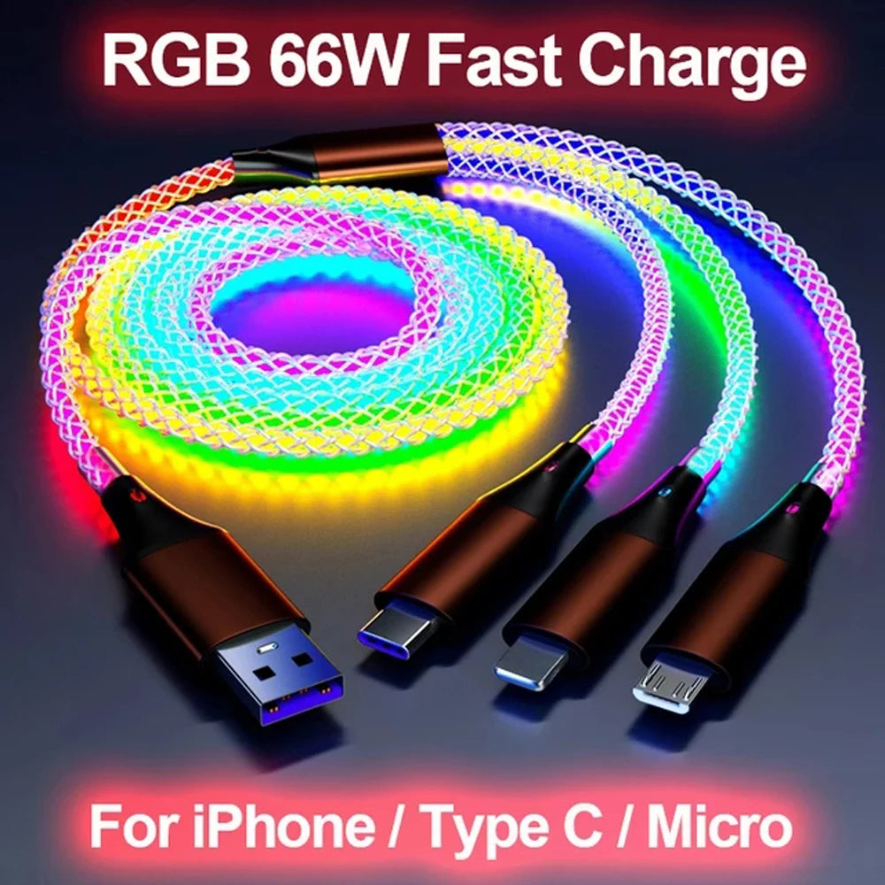 66W Color Light USB C Fast Charging Cable For Xiaomi Huawei Samsung Dual Type-C Phone Charging Data Cord For iPhone 15 Pro Max