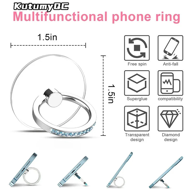 Cell Phone Ring Holder Stand Diamond Transparent Finger Grip Clear 360° Degree Rotation Kickstand Compatible iPhones
