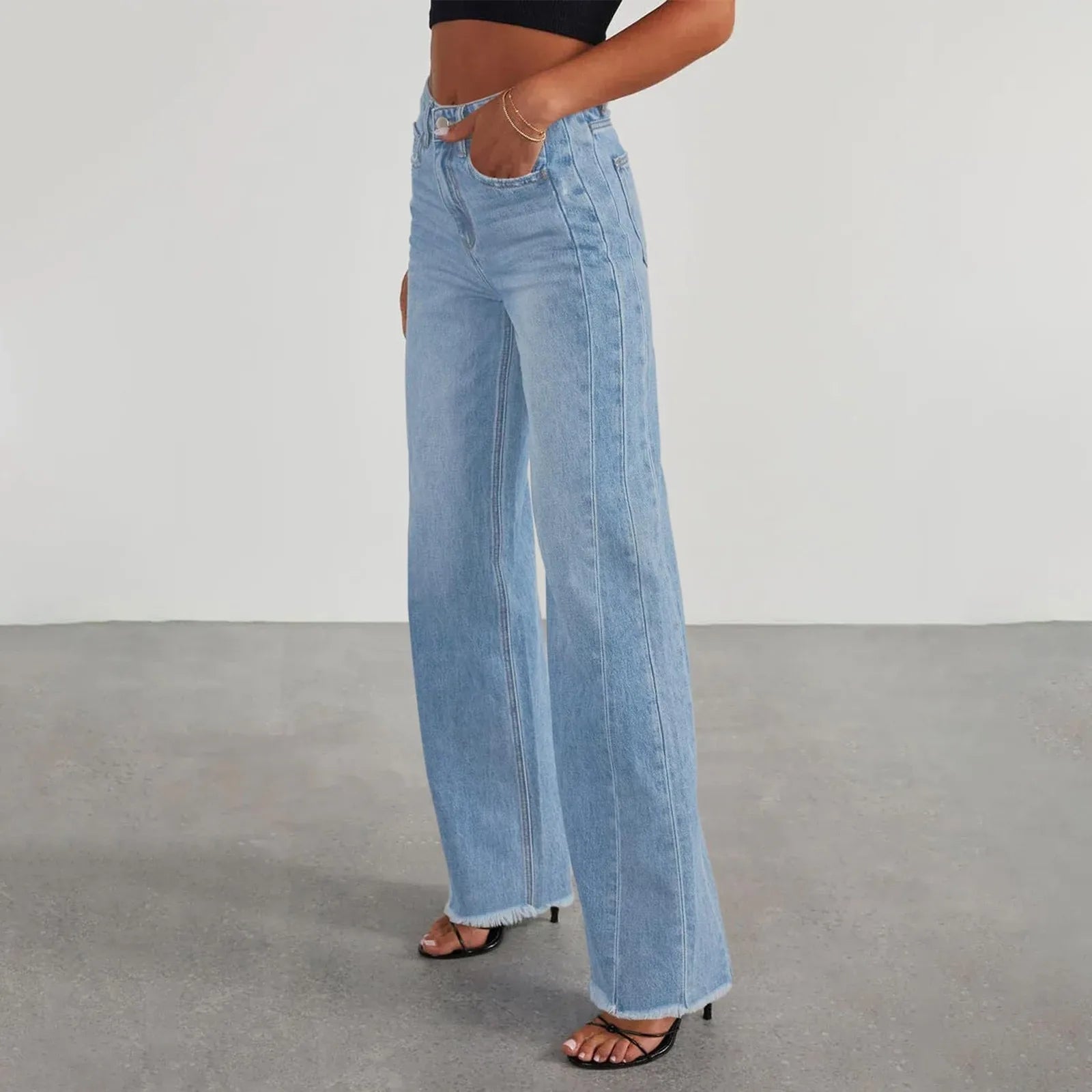 Wide-Leg Jeans Women Light Blue Raw-Edge High-Waist Design Fashionable Trousers Loose-Fitting Slim-Fitting Pants Daily Commuting