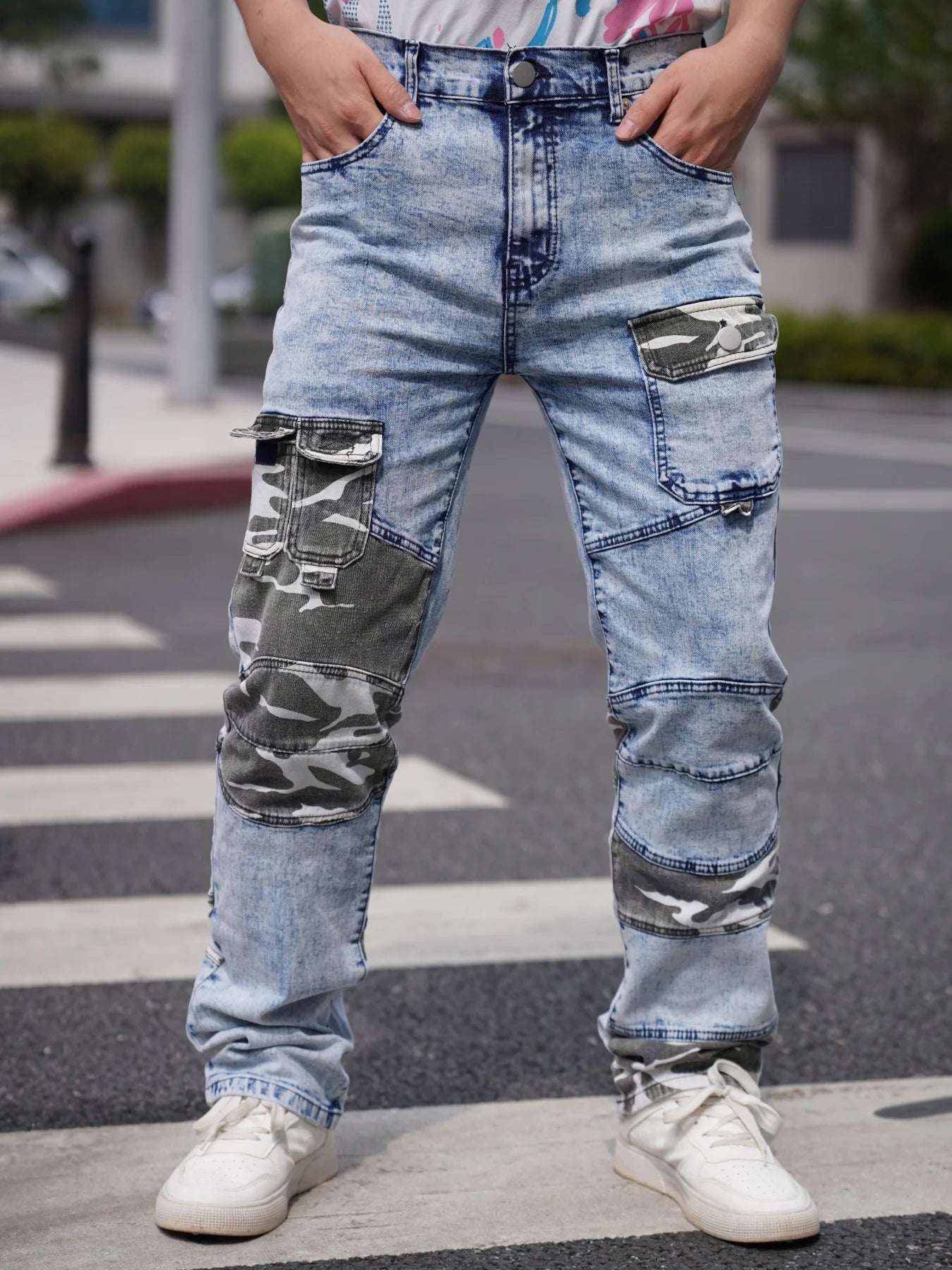 Men's Jeans   Camouflage Patchwork   Trendy Fashion   Industrial Style Pocket Decoration   Promotional Offer   Free Shipping