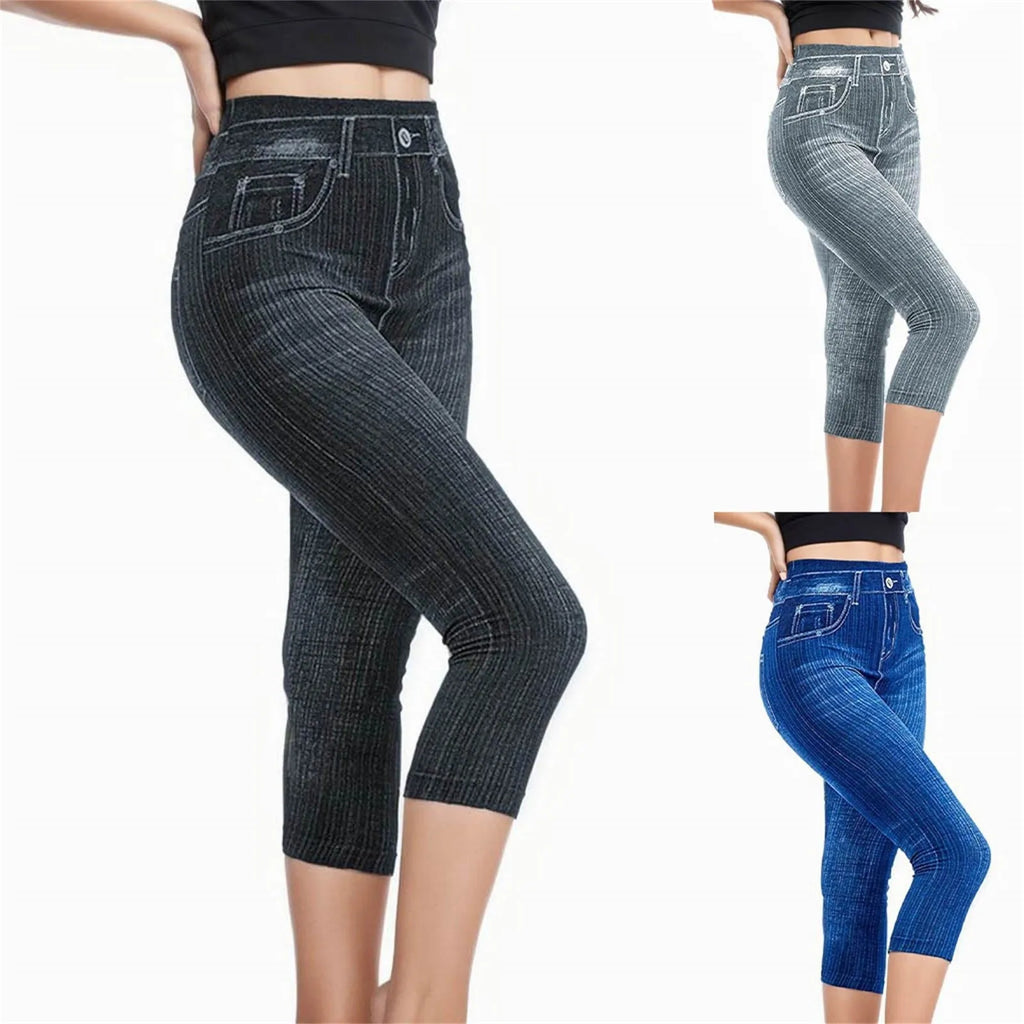 Women Denim Print Leggings Fashion Slim Leggings Faux Jeans Bottoms Stretch Printed Short Leggins Pants Summer Female Trousers