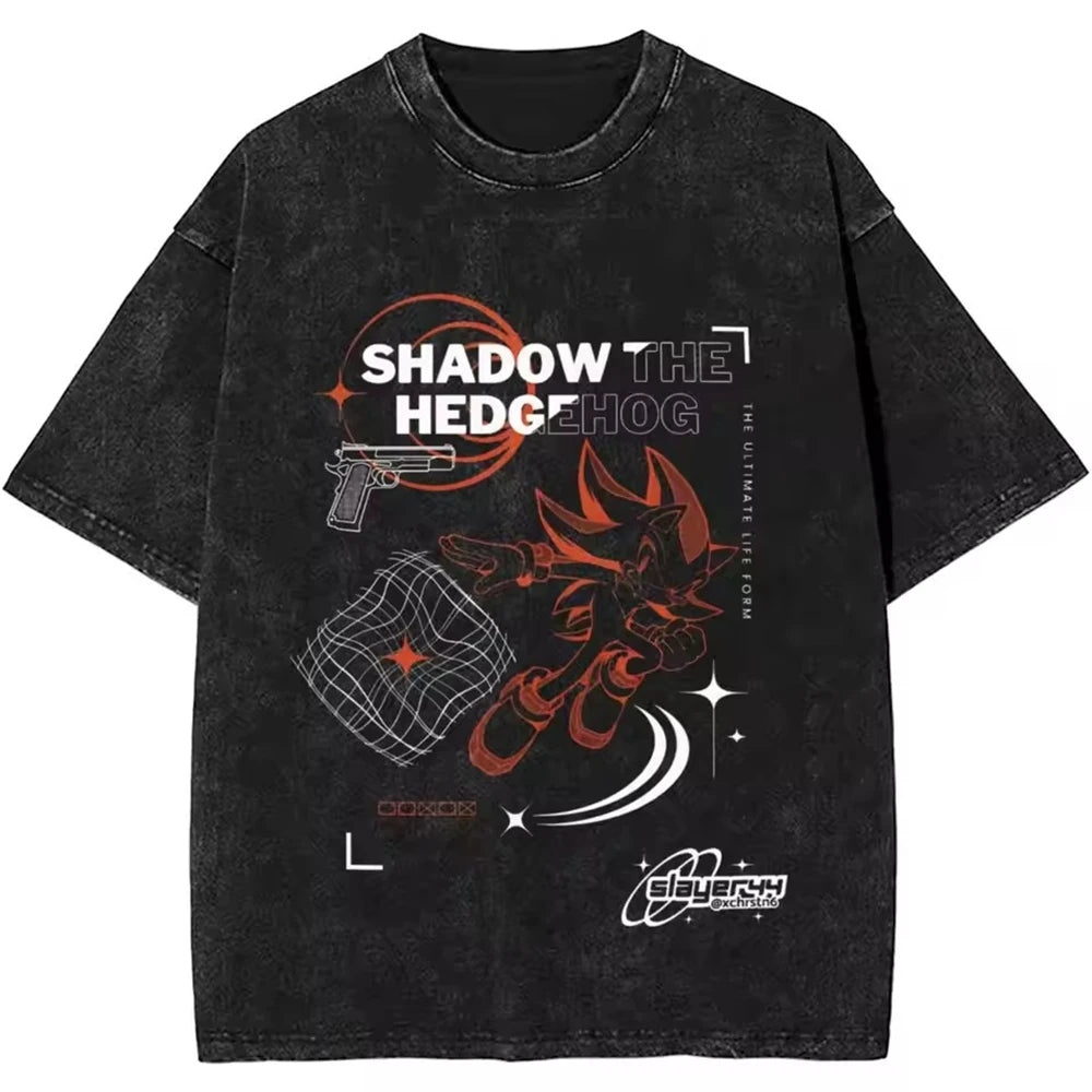 Japanese Shadows Hedgehog Washed T-Shirt Mens Y2K Retro Cotton T-Shirts Summer O-Neck Fashion Tees Printed Oversized Tops