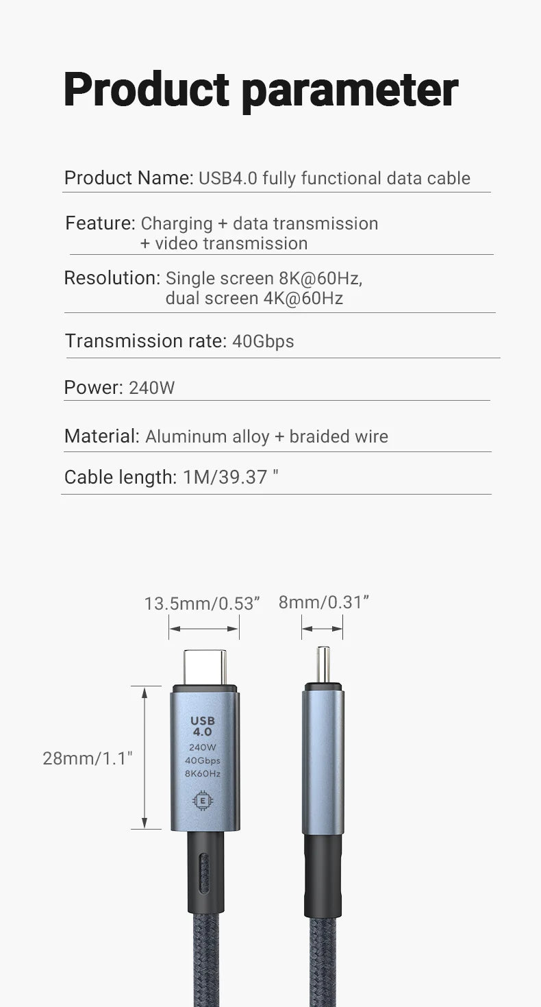 240W USB C to USB C Fast Charging Cable, 39.37IN Braided with 8K Video& 40Gbps Speed for iPhone 15Pro/Max Samsung Galaxy S22/23