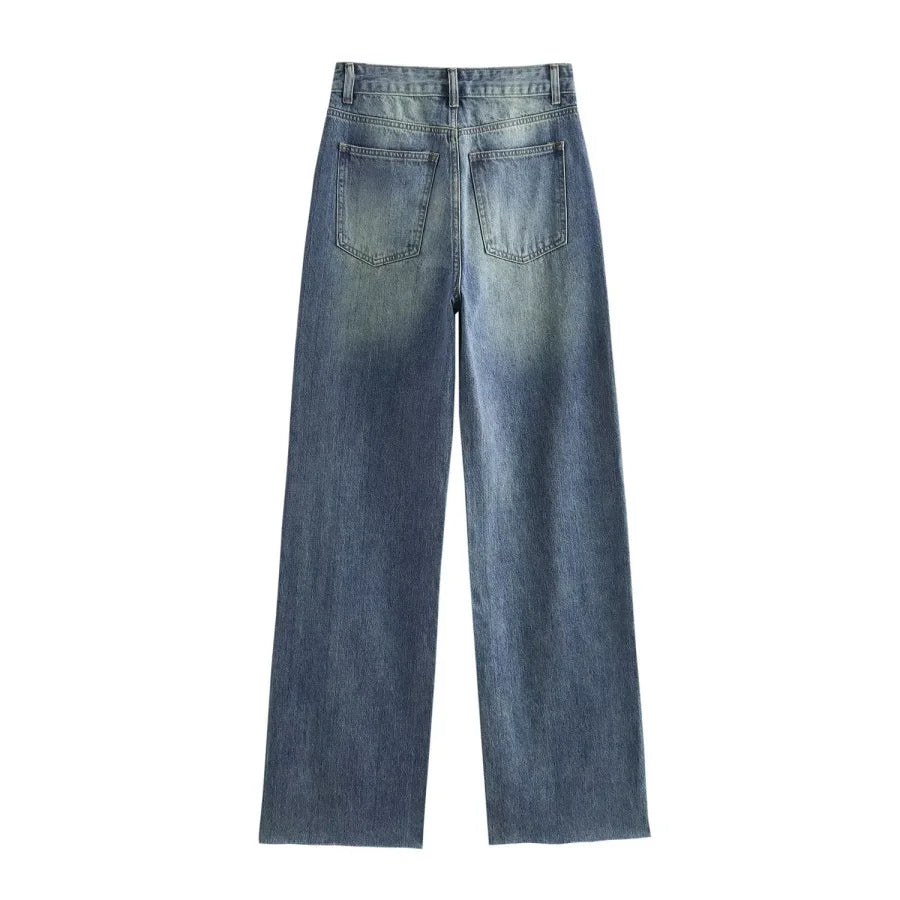 ETJ Wide-leg high-waisted jeans  women's classic everything with five pockets washed soft comfortable ultra-long jeans6045022