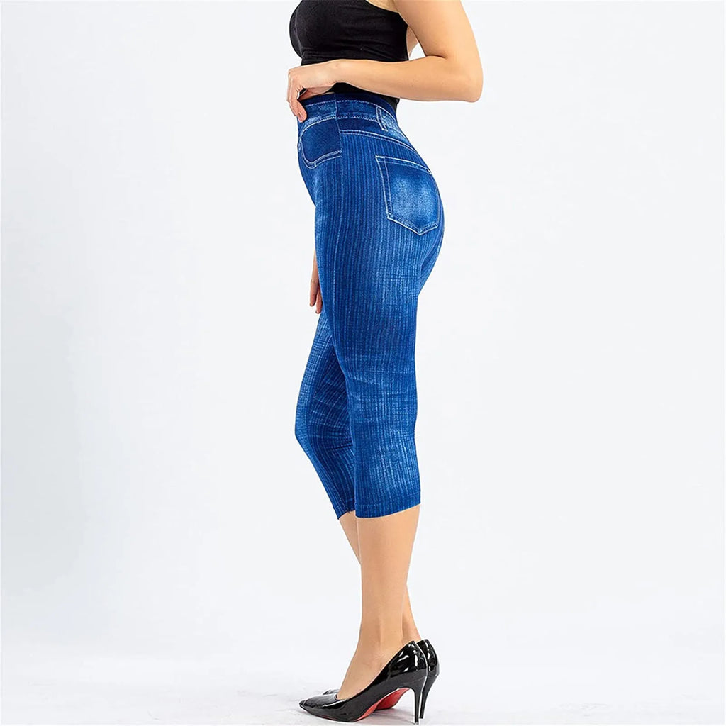 Women Denim Print Leggings Fashion Slim Leggings Faux Jeans Bottoms Stretch Printed Short Leggins Pants Summer Female Trousers