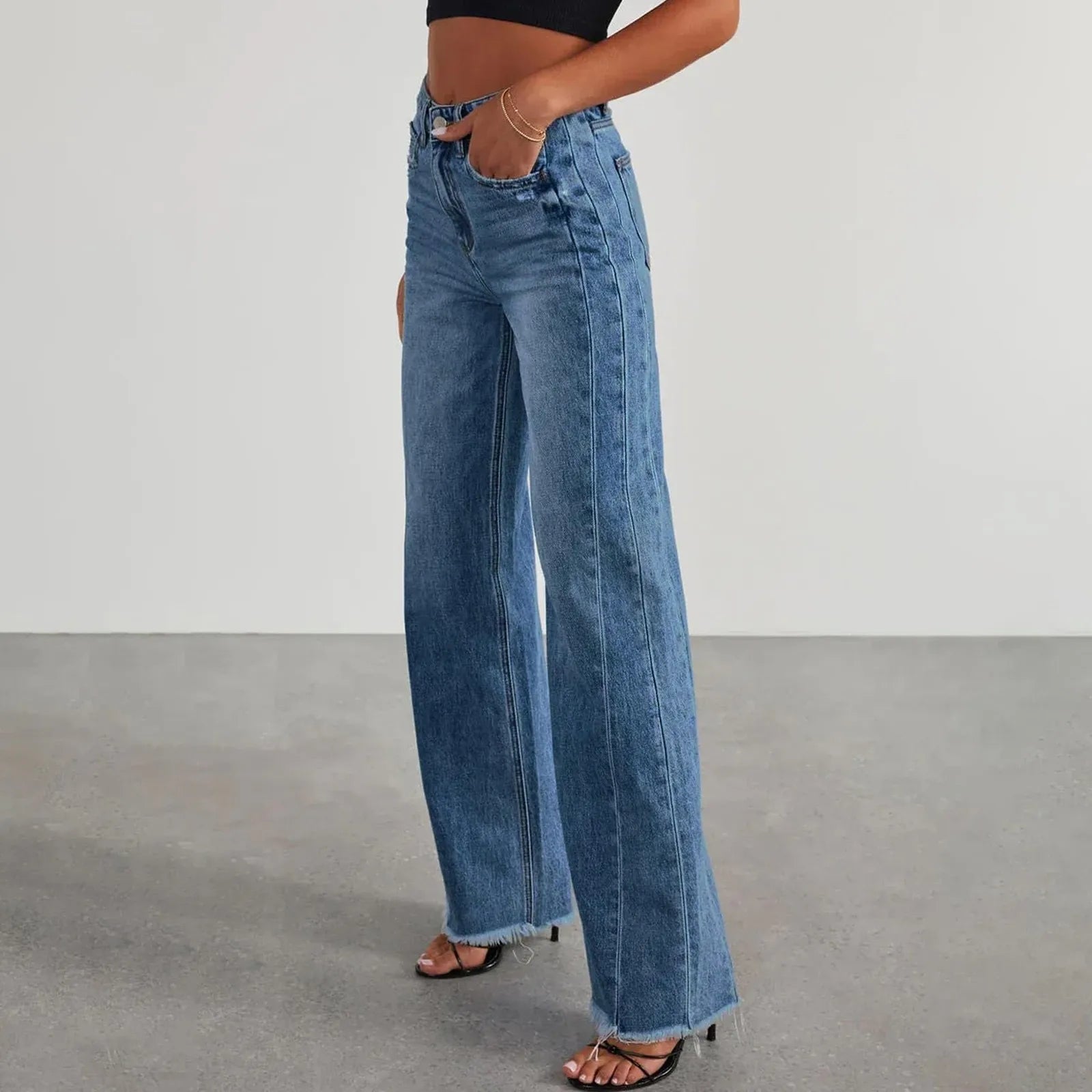 Wide-Leg Jeans Women Light Blue Raw-Edge High-Waist Design Fashionable Trousers Loose-Fitting Slim-Fitting Pants Daily Commuting