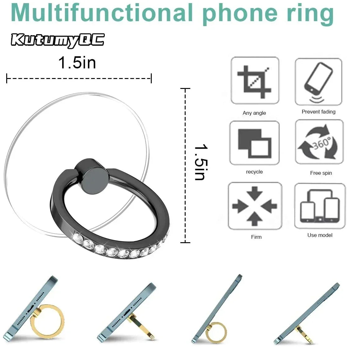 Diamond Cell Phone Ring Holder Stand Transparent Finger Grip Clear 360° Degree Rotation Kickstand Compatible iPhones
