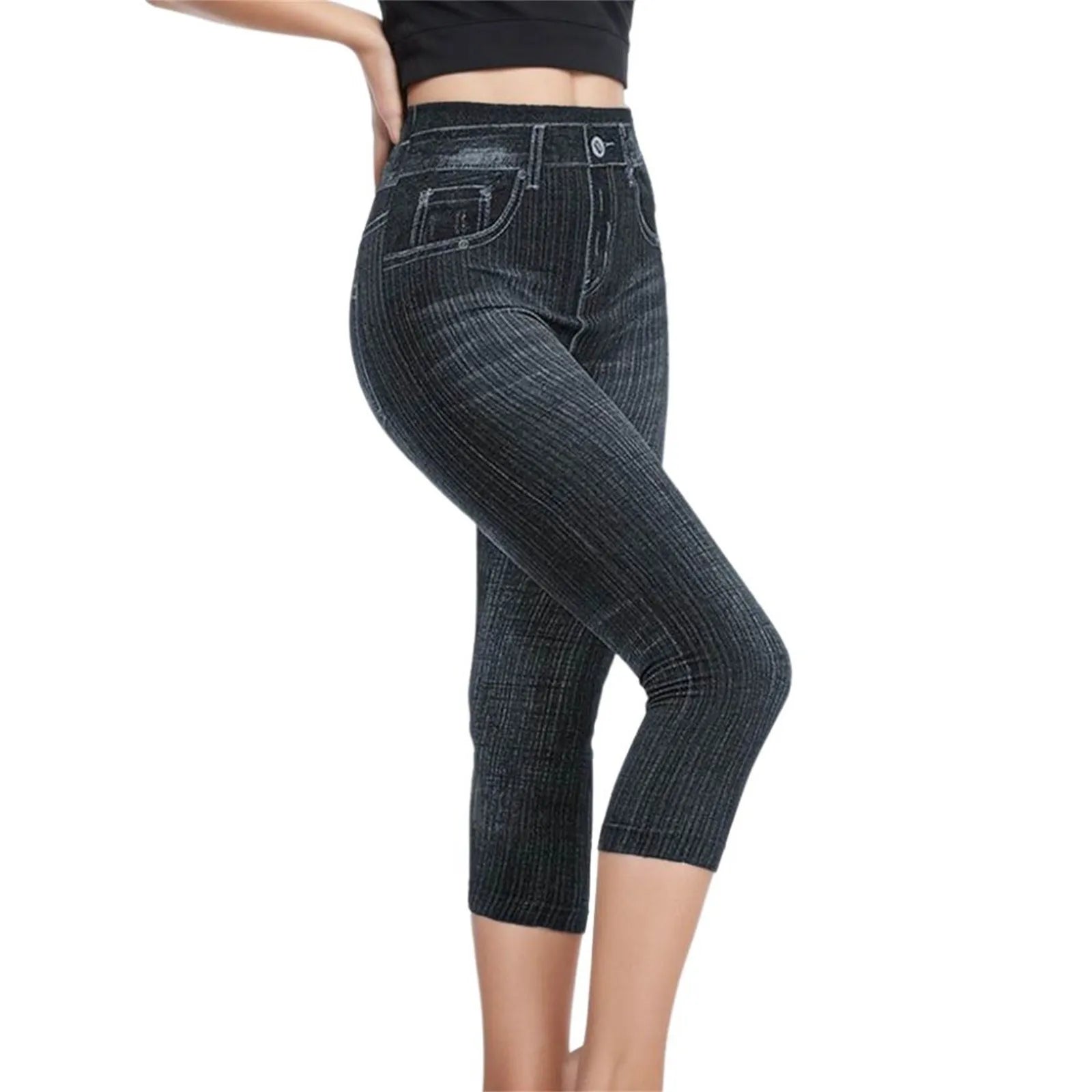Women Denim Print Leggings Fashion Slim Leggings Faux Jeans Bottoms Stretch Printed Short Leggins Pants Summer Female Trousers