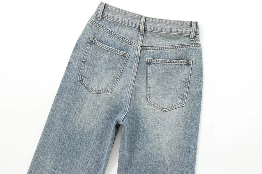 ETJ Wide-leg high-waisted jeans  women's classic everything with five pockets washed soft comfortable ultra-long jeans6045022